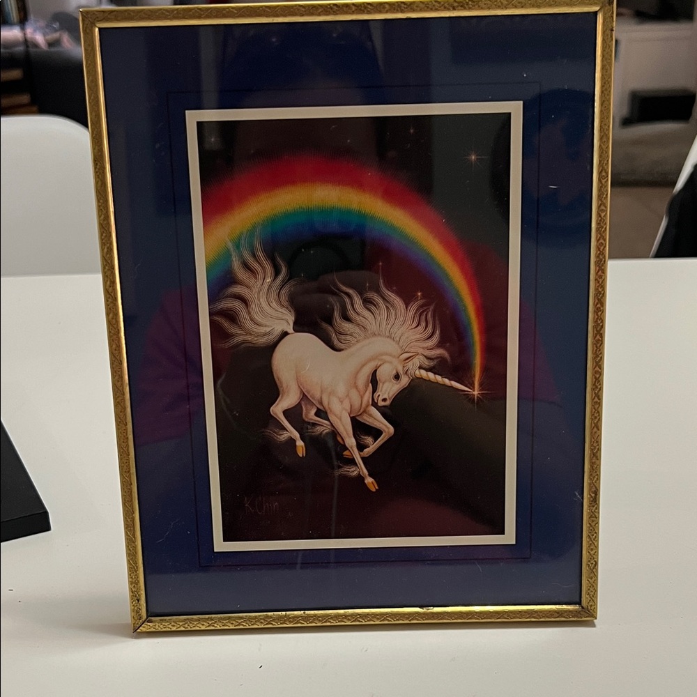Vintage K. Chin Framed Unicorn Art with Rainbow